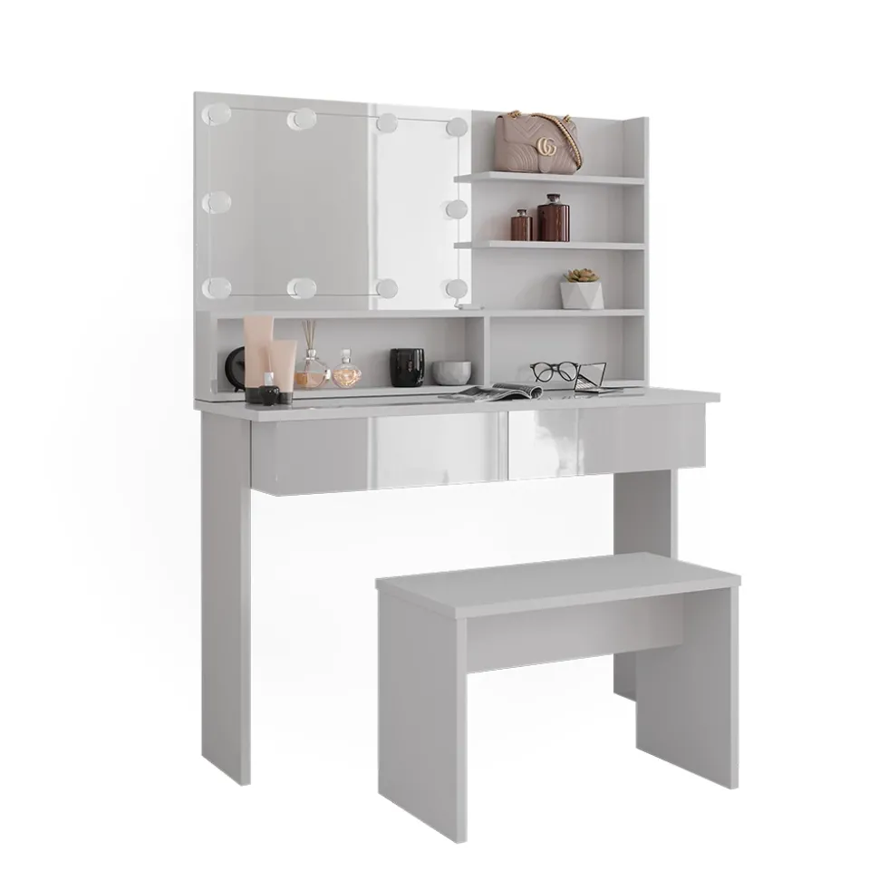 Schminktisch Azur Weiß 120 cm mit Spiegelregal, Bank & LED-Beleuchtung Vicco