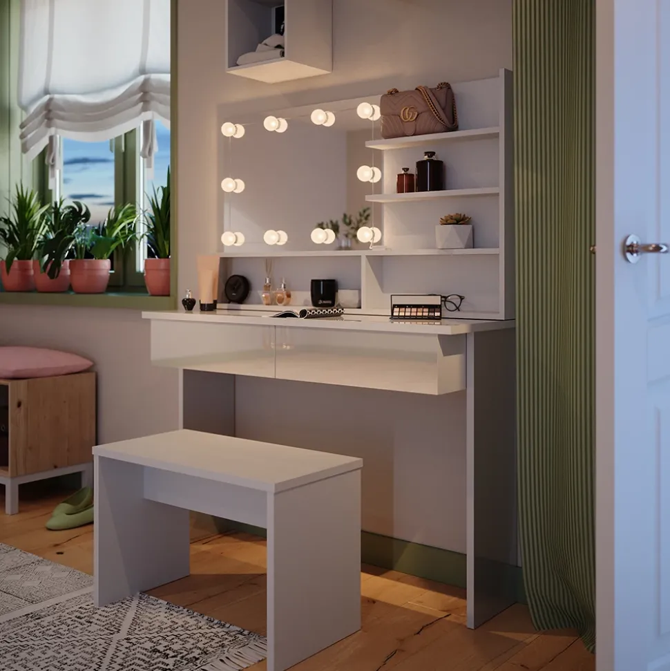 Schminktisch Azur Weiß 120 cm mit Spiegelregal, Bank & LED-Beleuchtung Vicco