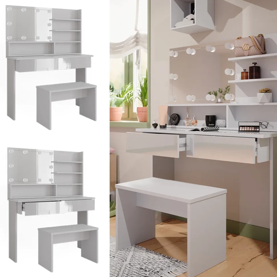 Schminktisch Azur Weiß 120 cm mit Spiegelregal, Bank & LED-Beleuchtung Vicco