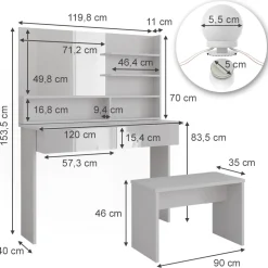 Schminktisch Azur Weiß 120 cm mit Spiegelregal, Bank & LED-Beleuchtung Vicco