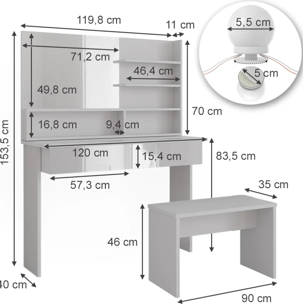 Schminktisch Azur Weiß 120 cm mit Spiegelregal, Bank & LED-Beleuchtung Vicco