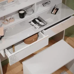 Schminktisch Azur Weiß 120 cm mit Spiegelregal, Bank & LED-Beleuchtung Vicco