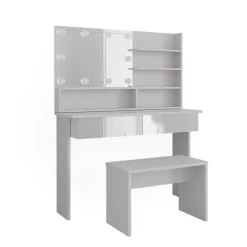 Schminktisch Azur Weiß 120 cm mit Spiegelregal, Bank & LED-Beleuchtung Vicco