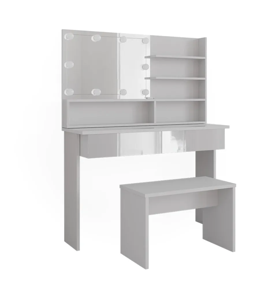 Schminktisch Azur Weiß 120 cm mit Spiegelregal, Bank & LED-Beleuchtung Vicco