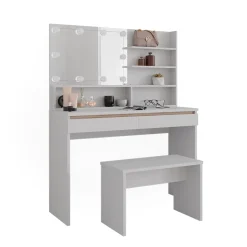 Schminktisch Emma Weiß 120 cm mit Spiegelregal, Bank & LED-Beleuchtung Vicco