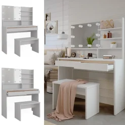 Schminktisch Emma Weiß 120 cm mit Spiegelregal, Bank & LED-Beleuchtung Vicco