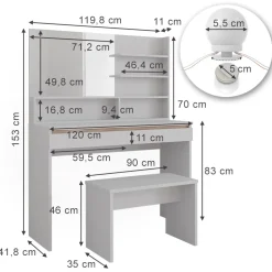 Schminktisch Emma Weiß 120 cm mit Spiegelregal, Bank & LED-Beleuchtung Vicco