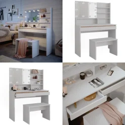 Schminktisch Emma Weiß 120 cm mit Spiegelregal, Bank & LED-Beleuchtung Vicco