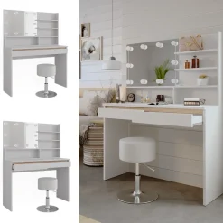 Schminktisch Emma Weiß 120 cm mit Spiegelregal, Hocker & LED-Beleuchtung Vicco