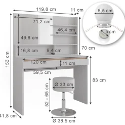 Schminktisch Emma Weiß 120 cm mit Spiegelregal, Hocker & LED-Beleuchtung Vicco