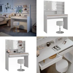 Schminktisch Emma Weiß 120 cm mit Spiegelregal, Hocker & LED-Beleuchtung Vicco
