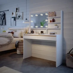 Schminktisch Emma Weiß 120 cm mit Spiegelregal und LED-Beleuchtung Vicco