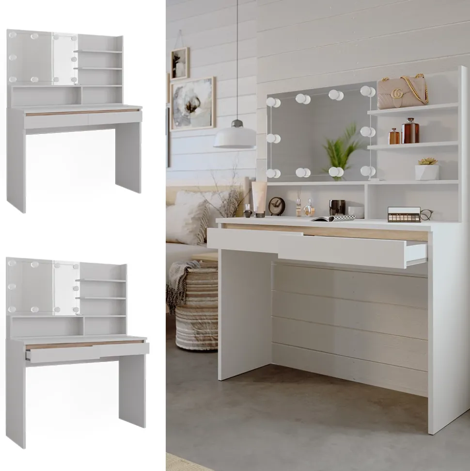 Schminktisch Emma Weiß 120 cm mit Spiegelregal und LED-Beleuchtung Vicco