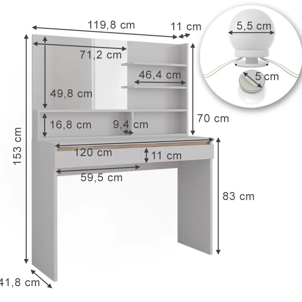 Schminktisch Emma Weiß 120 cm mit Spiegelregal und LED-Beleuchtung Vicco