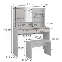 Schminktisch Emma Weiß 120 cm mit Spiegelregal & Bank Vicco