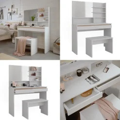 Schminktisch Emma Weiß 120 cm mit Spiegelregal & Bank Vicco