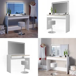 Schminktisch Emma Weiß 120 cm mit LED-Spiegel und Hocker Vicco