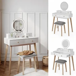 Schminktisch Finya Weiß 80 cm mit LED Spiegel und Hocker Vicco