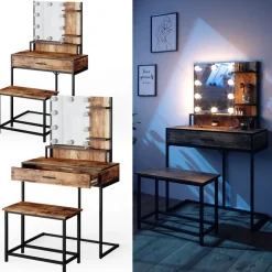 Schminktisch Fyrk Antikholz 80 cm mit LED Beleuchtung und Stuhl Vicco