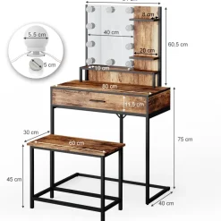 Schminktisch Fyrk Antikholz 80 cm mit LED Beleuchtung und Stuhl Vicco