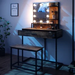 Schminktisch Fyrk Antikholz 80 cm mit LED Beleuchtung und Stuhl Vicco