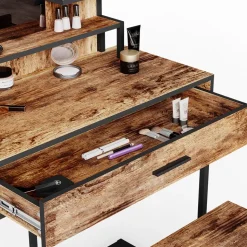 Schminktisch Fyrk Antikholz 80 cm mit LED Beleuchtung und Stuhl Vicco