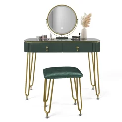 Schminktisch Grace Dunkelgrün Hochglanz 100 cm mit LED Beleuchtung und Hocker Vicco