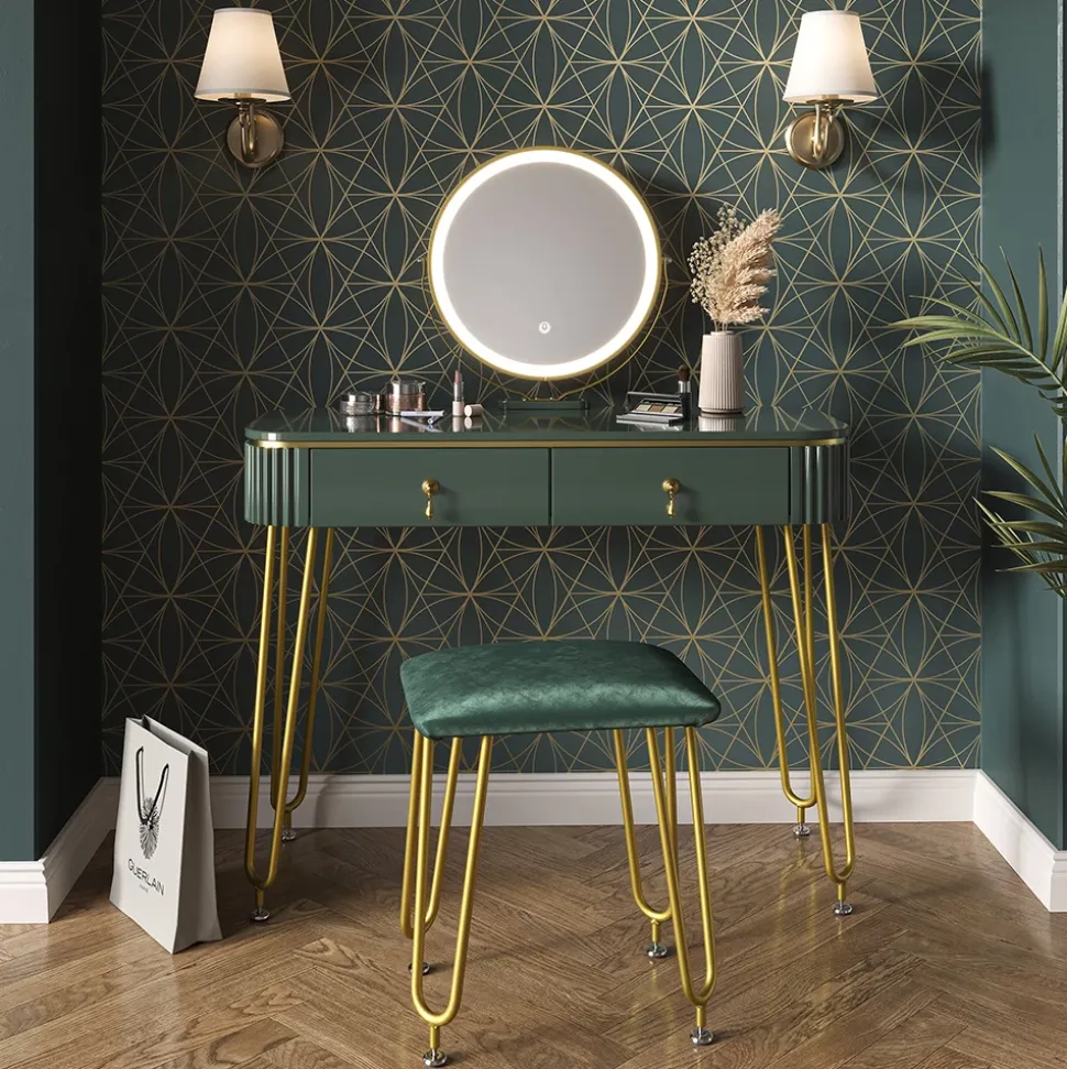 Schminktisch Grace Dunkelgrün Hochglanz 100 cm mit LED Beleuchtung und Hocker Vicco
