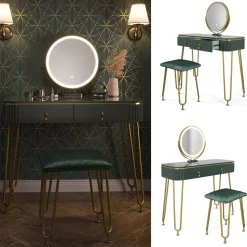 Schminktisch Grace Dunkelgrün Hochglanz 100 cm mit LED Beleuchtung und Hocker Vicco