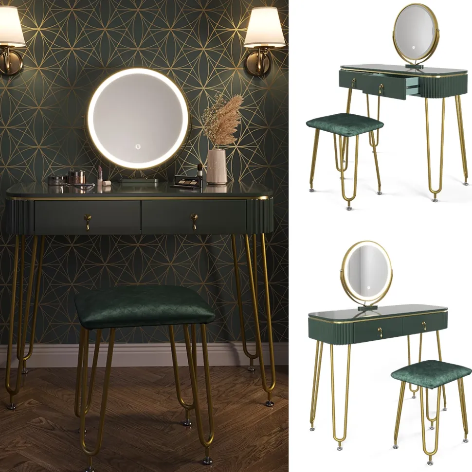 Schminktisch Grace Dunkelgrün Hochglanz 100 cm mit LED Beleuchtung und Hocker Vicco