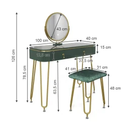 Schminktisch Grace Dunkelgrün Hochglanz 100 cm mit LED Beleuchtung und Hocker Vicco