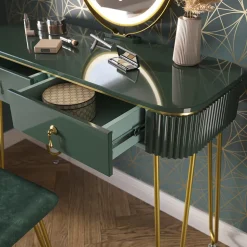 Schminktisch Grace Dunkelgrün Hochglanz 100 cm mit LED Beleuchtung und Hocker Vicco