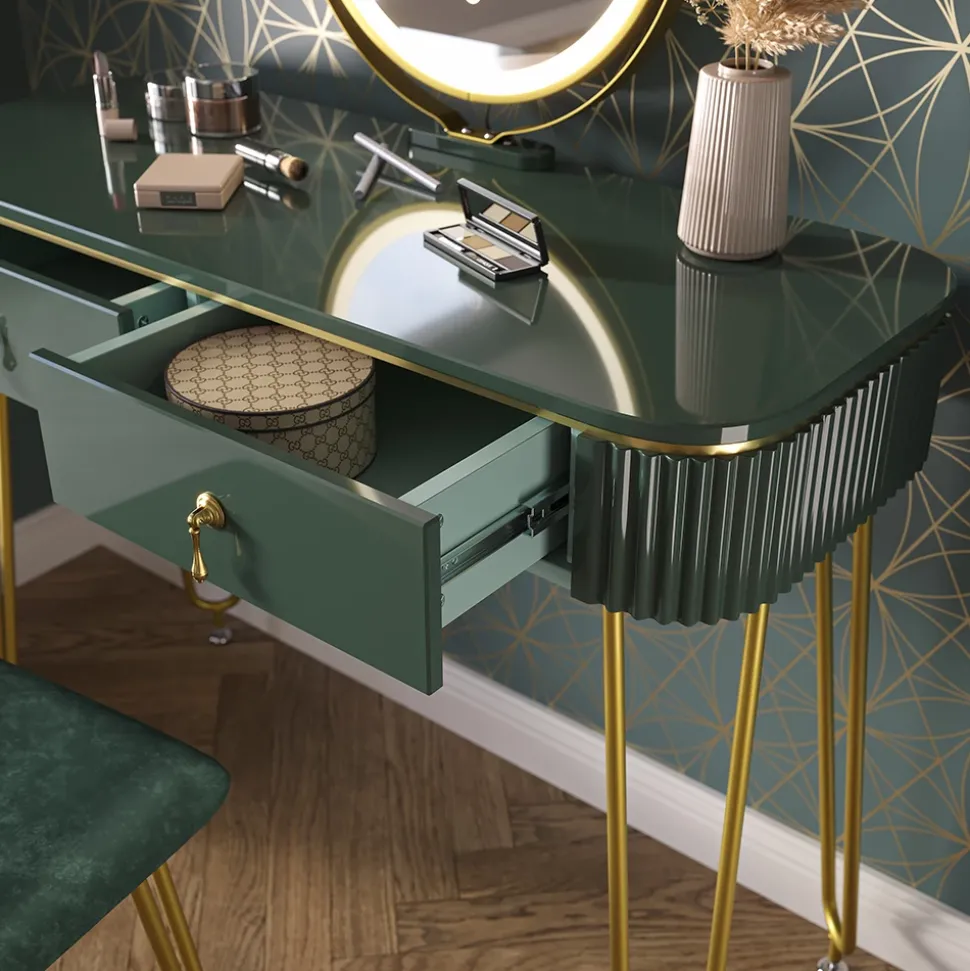 Schminktisch Grace Dunkelgrün Hochglanz 100 cm mit LED Beleuchtung und Hocker Vicco