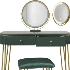 Schminktisch Grace Dunkelgrün Hochglanz 100 cm mit LED Beleuchtung und Hocker Vicco