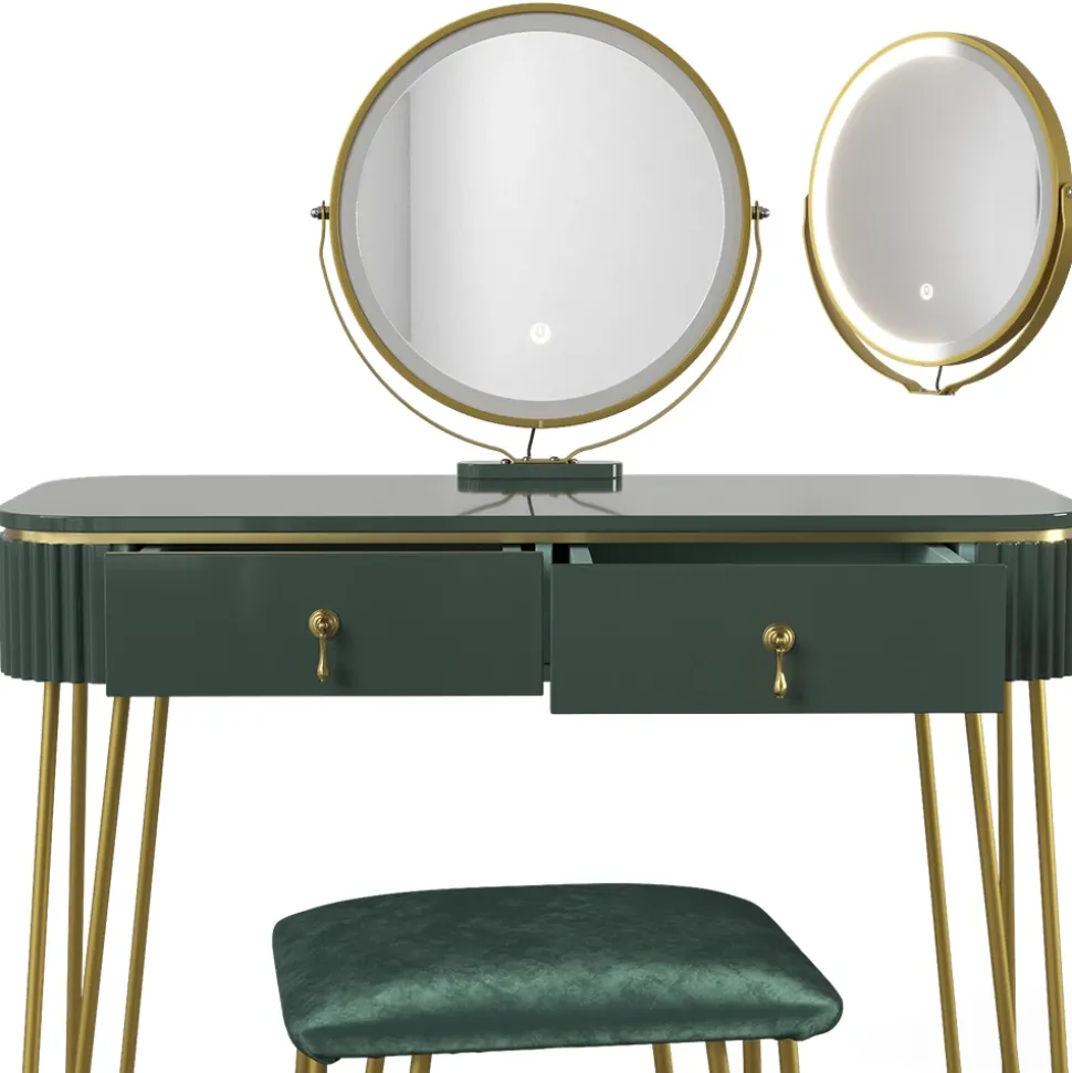 Schminktisch Grace Dunkelgrün Hochglanz 100 cm mit LED Beleuchtung und Hocker Vicco