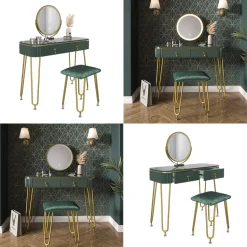 Schminktisch Grace Dunkelgrün Hochglanz 100 cm mit LED Beleuchtung und Hocker Vicco