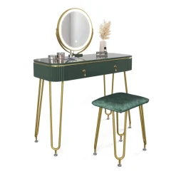 Schminktisch Grace Dunkelgrün Hochglanz 100 cm mit LED Beleuchtung und Hocker Vicco