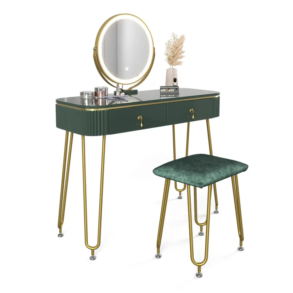 Schminktisch Grace Dunkelgrün Hochglanz 100 cm mit LED Beleuchtung und Hocker Vicco