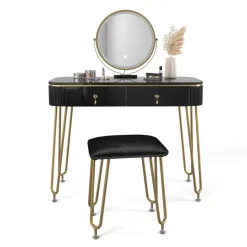 Schminktisch Grace Schwarz 100 cm mit LED Beleuchtung und Hocker Vicco