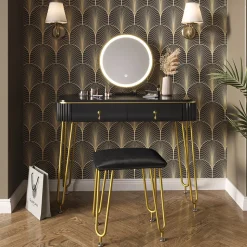 Schminktisch Grace Schwarz 100 cm mit LED Beleuchtung und Hocker Vicco