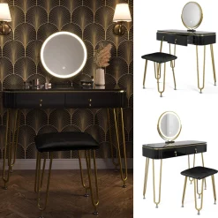 Schminktisch Grace Schwarz 100 cm mit LED Beleuchtung und Hocker Vicco