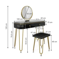 Schminktisch Grace Schwarz 100 cm mit LED Beleuchtung und Hocker Vicco