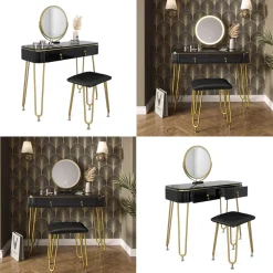 Schminktisch Grace Schwarz 100 cm mit LED Beleuchtung und Hocker Vicco