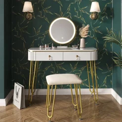 Schminktisch Grace Weiß Hochglanz 100 cm mit LED Beleuchtung und Hocker Vicco