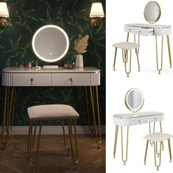 Schminktisch Grace Weiß Hochglanz 100 cm mit LED Beleuchtung und Hocker Vicco