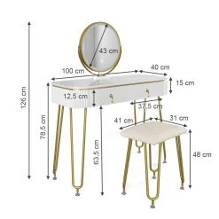 Schminktisch Grace Weiß Hochglanz 100 cm mit LED Beleuchtung und Hocker Vicco