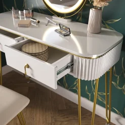 Schminktisch Grace Weiß Hochglanz 100 cm mit LED Beleuchtung und Hocker Vicco