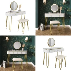 Schminktisch Grace Weiß Hochglanz 100 cm mit LED Beleuchtung und Hocker Vicco