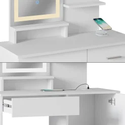 Schminktisch Julia Weiß 90 cm mit LED-Spiegel und QI-Ladestation Vicco