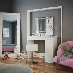 Schminktisch Julia Weiß 90 cm mit LED-Spiegel und Hocker Vicco